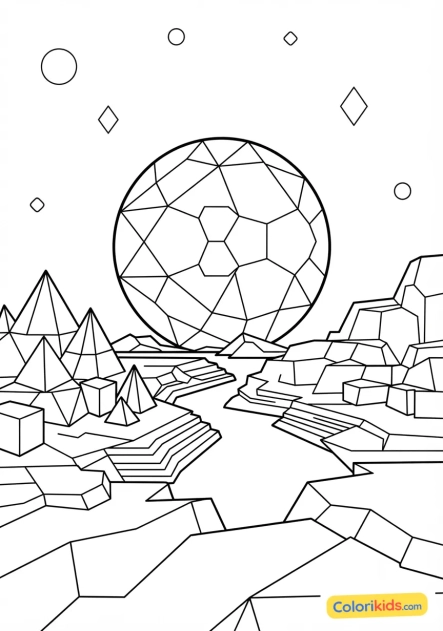 Coloriage à imprimer : planète aux reliefs géométriques