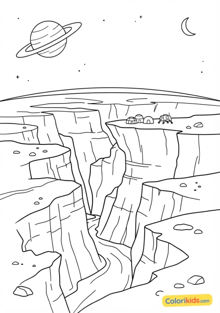 Coloriage à imprimer : planète avec des canyons immenses