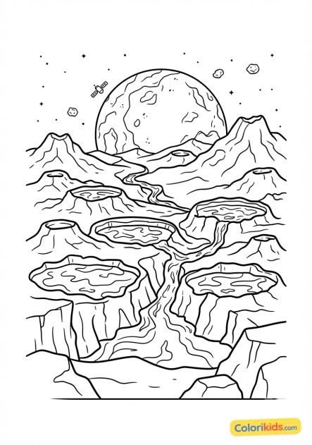 Coloriage à imprimer : planète avec des lacs de lave
