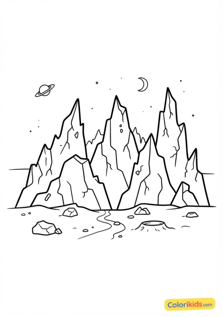 Ausmalbild zum Ausdrucken: planet mit steilen Bergen