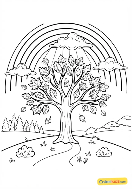 Coloriage à imprimer : feuillage d'automne illuminé par un arc-en-ciel