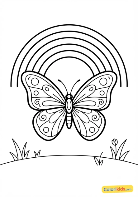 Coloriage à imprimer : papillon aux ailes déployées sous un arc-en-ciel