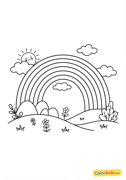 Coloriage à imprimer : arc-en-ciel classique au-dessus de collines verdoyantes