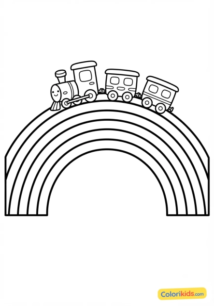 Coloriage à imprimer : petit train coloré roulant sur un arc-en-ciel