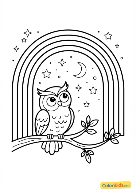 Coloriage à imprimer : hibou curieux observant un arc-en-ciel nocturne