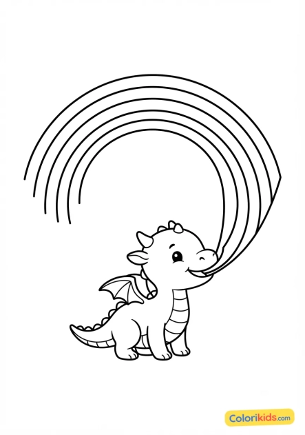 Coloriage à imprimer : dragon mignon crachant un arc-en-ciel
