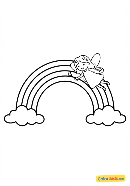Coloriage à imprimer : fée volant le long d'un arc-en-ciel