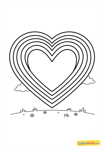 Coloriage à imprimer : arc-en-ciel en forme de coeur dans le ciel