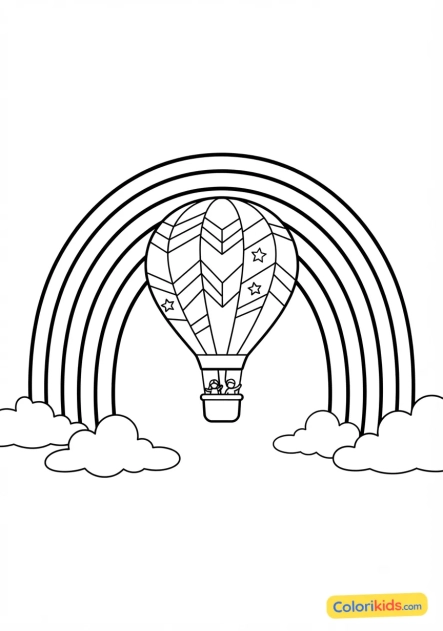Coloriage à imprimer : montgolfière volant à travers un arc-en-ciel