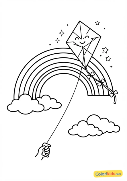 Coloriage à imprimer : cerf-volant volant près d'un arc-en-ciel