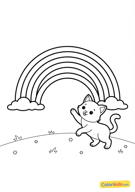 Coloriage à imprimer : chaton jouant avec les rayons d'un arc-en-ciel