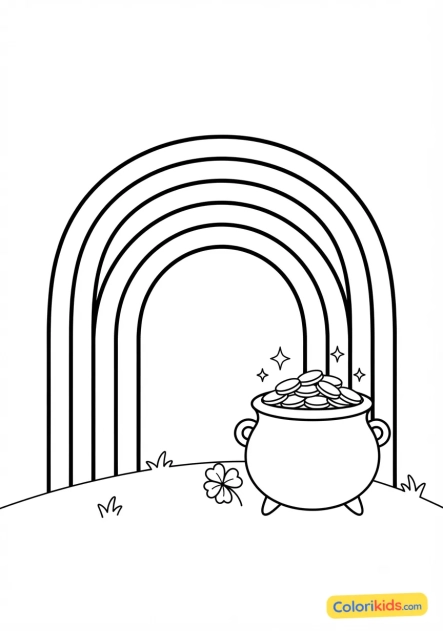Coloriage à imprimer : pot d'or magique au pied de l'arc-en-ciel