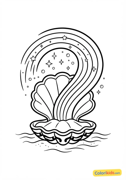 Coloriage à imprimer : arc-en-ciel magique jaillissant d'un coquillage