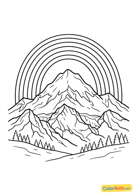 Printable coloring page: rainbow crowning a snowy mountain