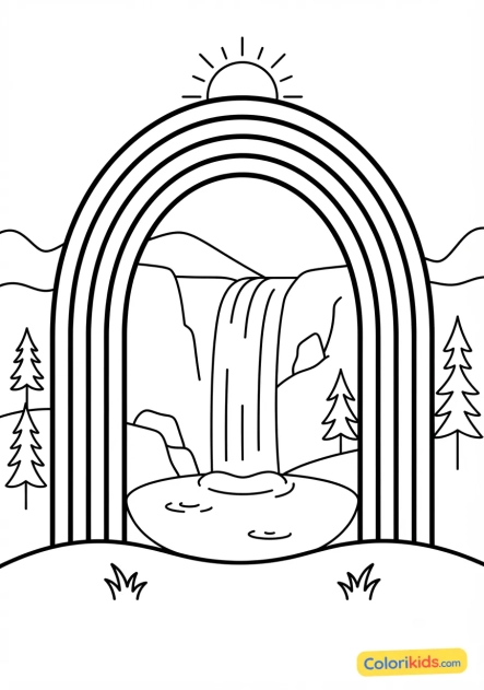 Printable coloring page: rainbow framing a peaceful waterfall