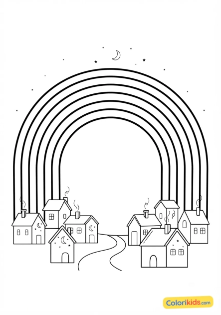 Coloriage à imprimer : arc-en-ciel illuminant un village endormi