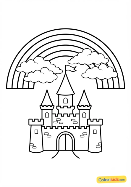 Coloriage à imprimer : arc-en-ciel au-dessus d'un château de contes de fées