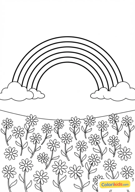 Coloriage à imprimer : arc-en-ciel au-dessus d'une prairie de pâquerettes