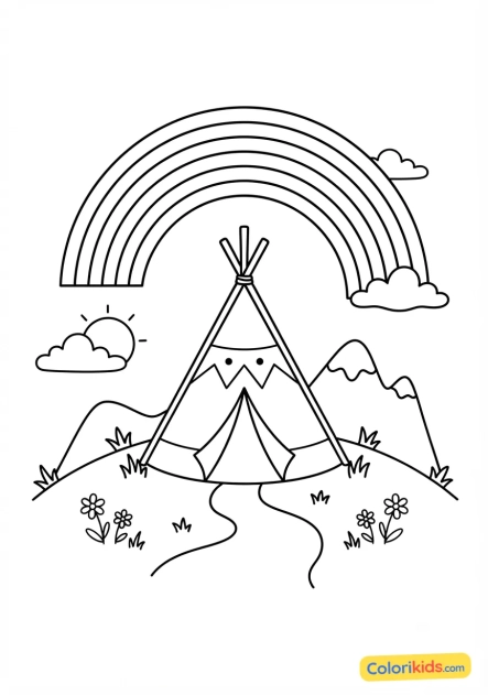 Coloriage à imprimer : arc-en-ciel au-dessus d'un tipi dans la nature