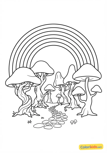 Coloriage à imprimer : arc-en-ciel au-dessus d'une forêt enchantée
