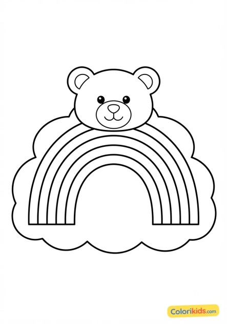 Coloriage à imprimer : arc-en-ciel traversant un nuage en forme d'ourson