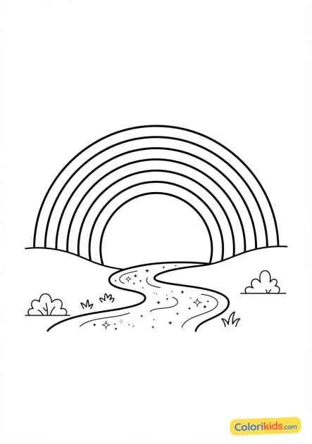 Coloriage à imprimer : arc-en-ciel enjambant une rivière scintillante