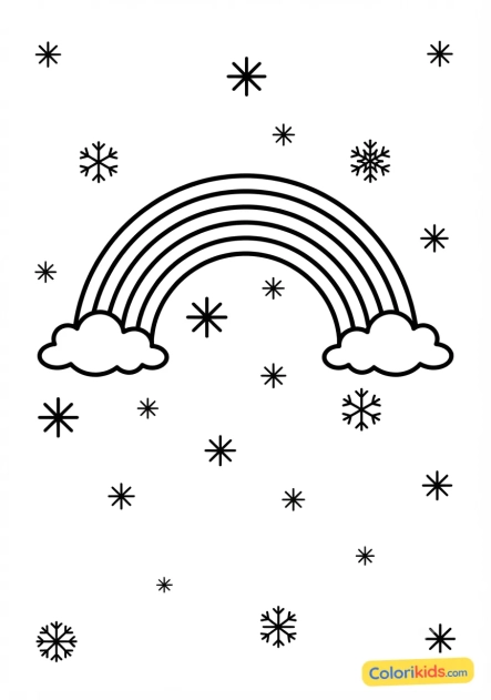 Coloriage à imprimer : arc-en-ciel avec des flocons de neige scintillants