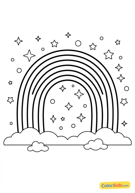 Coloriage à imprimer : arc-en-ciel étincelant dans un ciel étoilé
