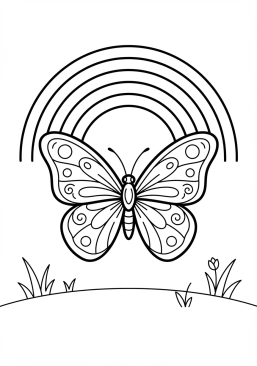 Voir le coloriage Papillon aux ailes déployées sous un arc-en-ciel