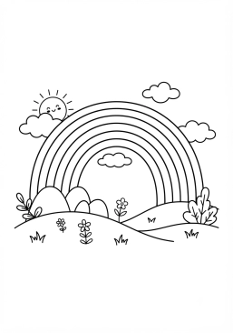 Voir le coloriage Arc-en-ciel classique au-dessus de collines verdoyantes