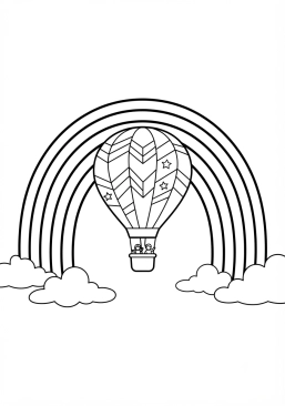 Voir le coloriage Montgolfière volant à travers un arc-en-ciel