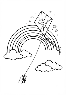 Voir le coloriage Cerf-volant volant près d'un arc-en-ciel