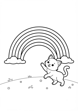 Voir le coloriage Chaton jouant avec les rayons d'un arc-en-ciel