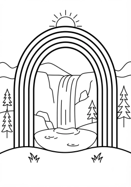 Voir le coloriage Arc-en-ciel encadrant une cascade paisible