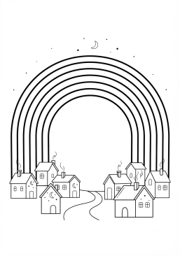 Voir le coloriage Arc-en-ciel illuminant un village endormi