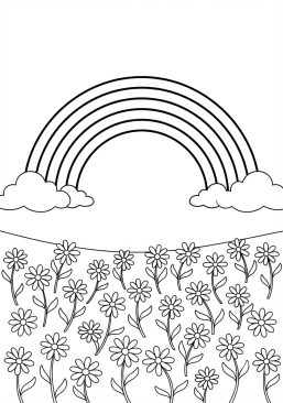 Voir le coloriage Arc-en-ciel au-dessus d'une prairie de pâquerettes