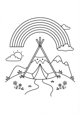 Voir le coloriage Arc-en-ciel au-dessus d'un tipi dans la nature