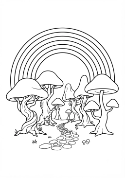 Voir le coloriage Arc-en-ciel au-dessus d'une forêt enchantée