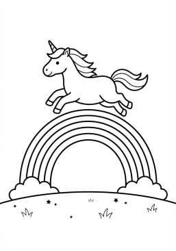 Voir le coloriage Licorne sautant par-dessus un arc-en-ciel