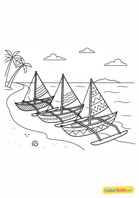 Coloriage à imprimer : pirogues traditionnelles colorées sur une plage tropicale