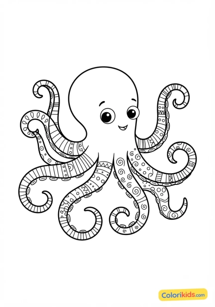 Coloriage à imprimer : pieuvre curieuse avec ses longs tentacules colorés