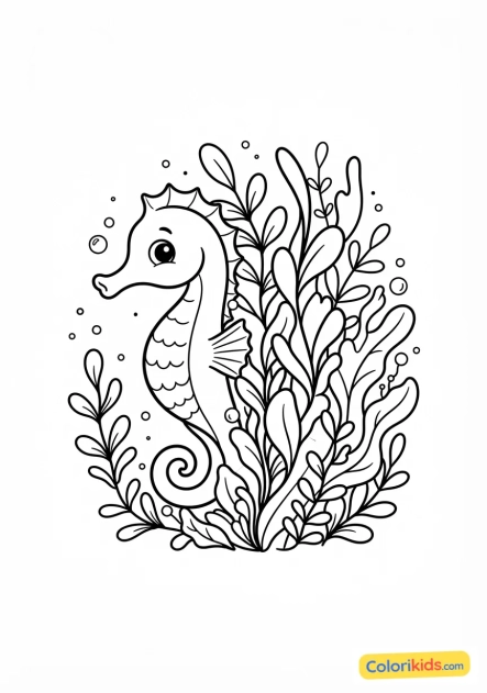 Coloriage à imprimer : hippocampe curieux caché parmi les algues marines
