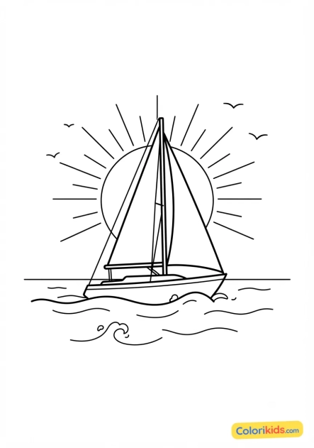 Coloriage à imprimer : voilier élégant naviguant sous un soleil couchant