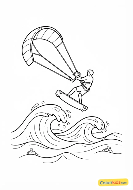 Coloriage à imprimer : kitesurfeur sautant au-dessus des vagues avec son voile