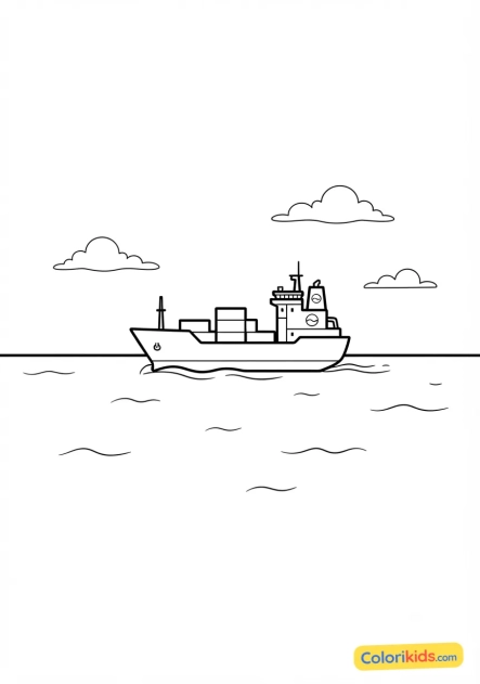 Coloriage à imprimer : gros cargo lointain naviguant à l'horizon de l'océan