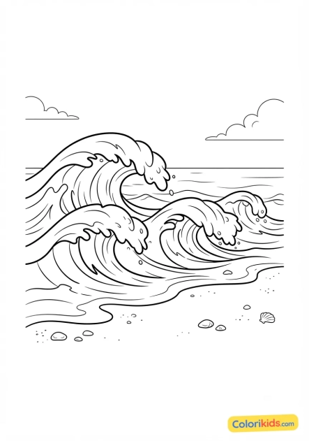 Coloriage à imprimer : grandes vagues déferlant sur une plage de sable fin