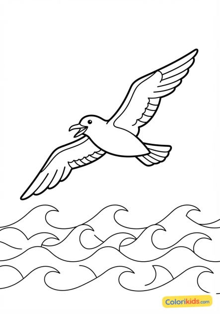Coloriage à imprimer : mouette rieuse volant au-dessus des vagues de l'océan