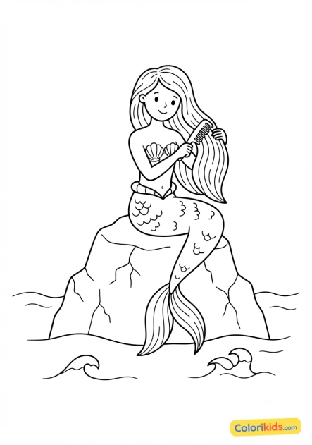 Coloriage à imprimer : sirène aux longs cheveux peignant sa chevelure sur un rocher