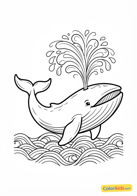 Coloriage à imprimer : baleine majestueuse soufflant un jet d'eau dans l'océan
