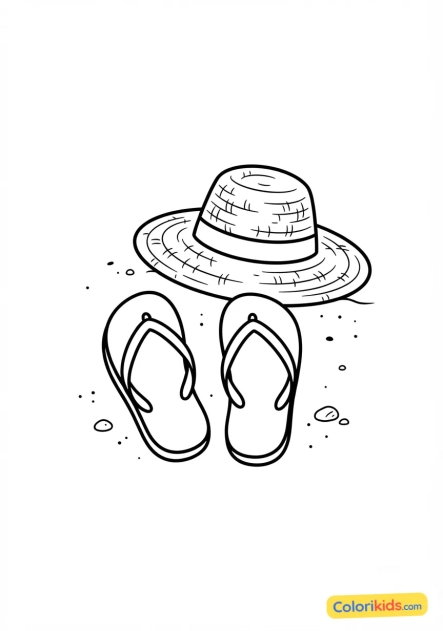 Coloriage à imprimer : paire de tongs et chapeau de paille sur le sable